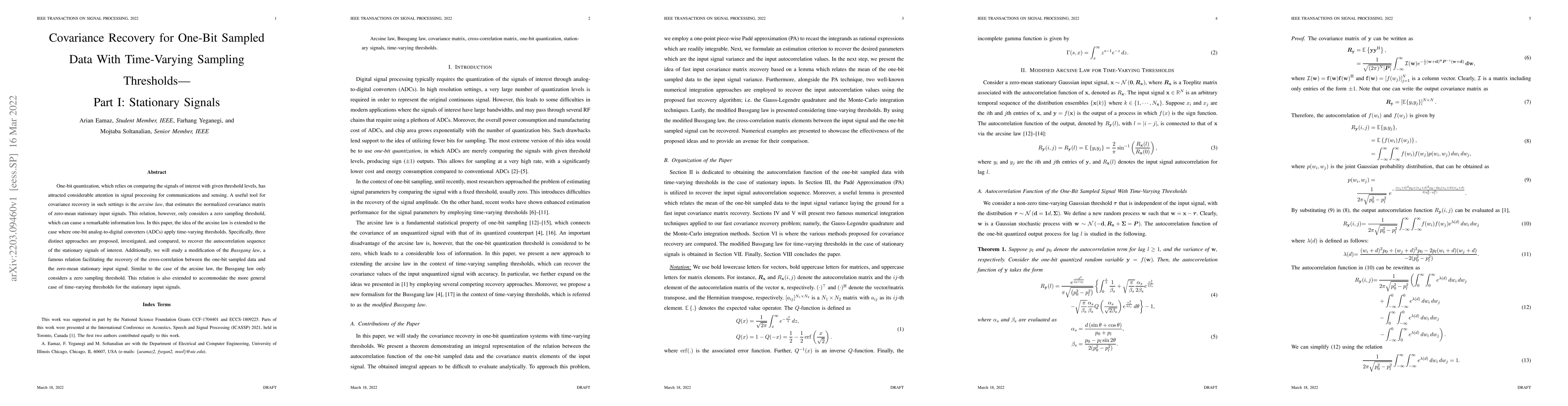 Thumbnail for Covariance Recovery for One-Bit Sampled Data With Time-Varying Sampling
  Thresholds-Part I: Stationary Signals
