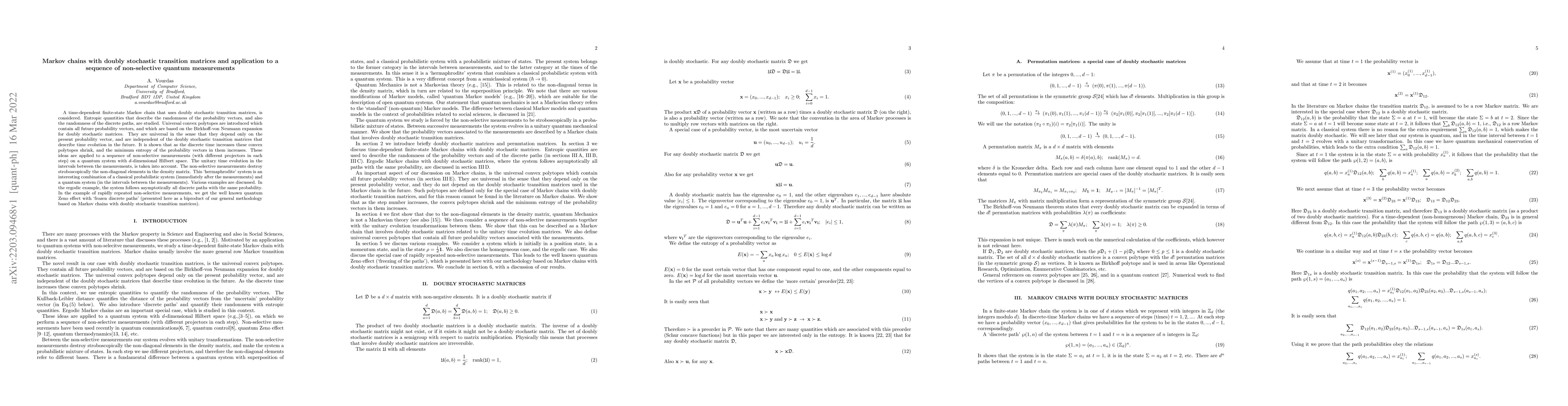 Thumbnail for Markov chains with doubly stochastic transition matrices and application
  to a sequence of non-selective quantum measurements
