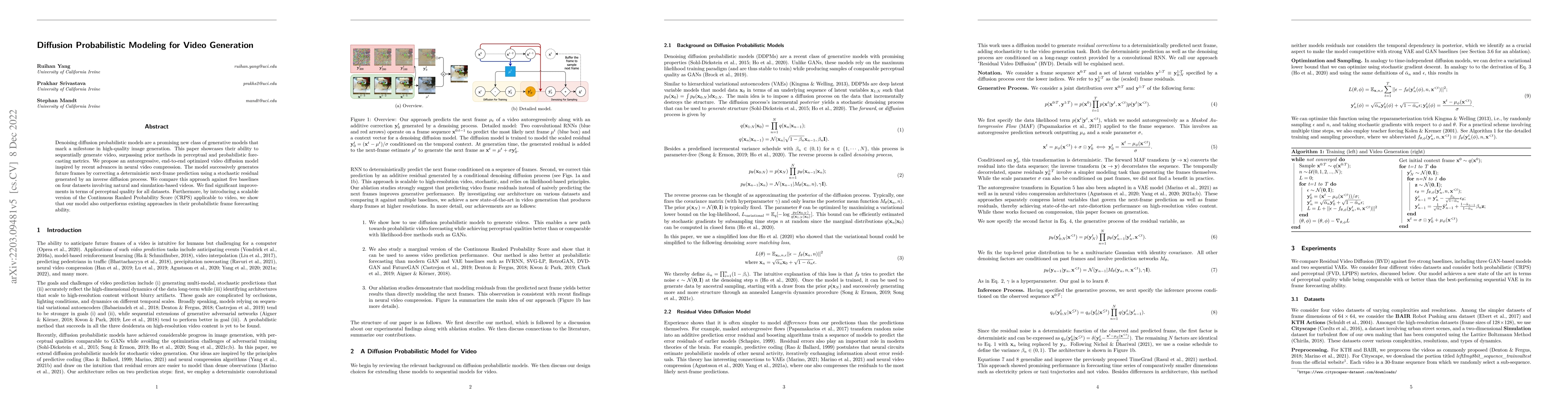 Thumbnail for Diffusion Probabilistic Modeling for Video Generation