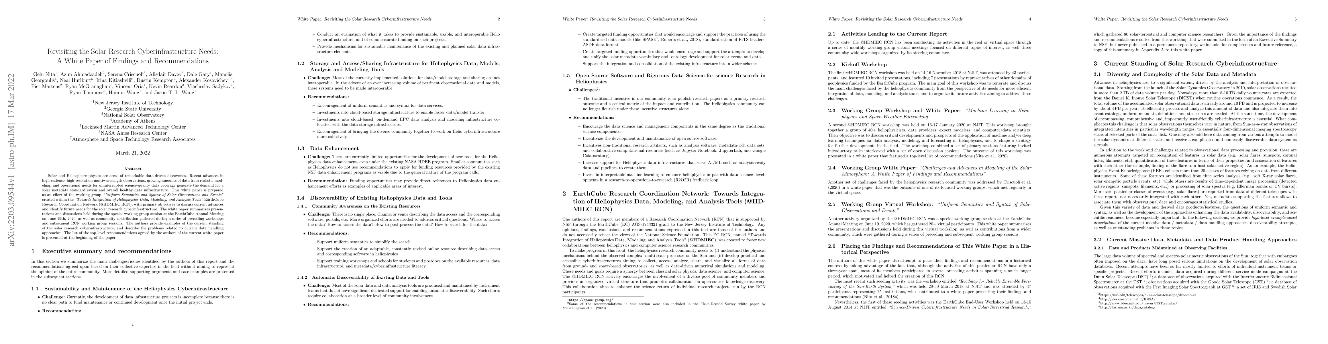 Thumbnail for Revisiting the Solar Research Cyberinfrastructure Needs: A White Paper
  of Findings and Recommendations