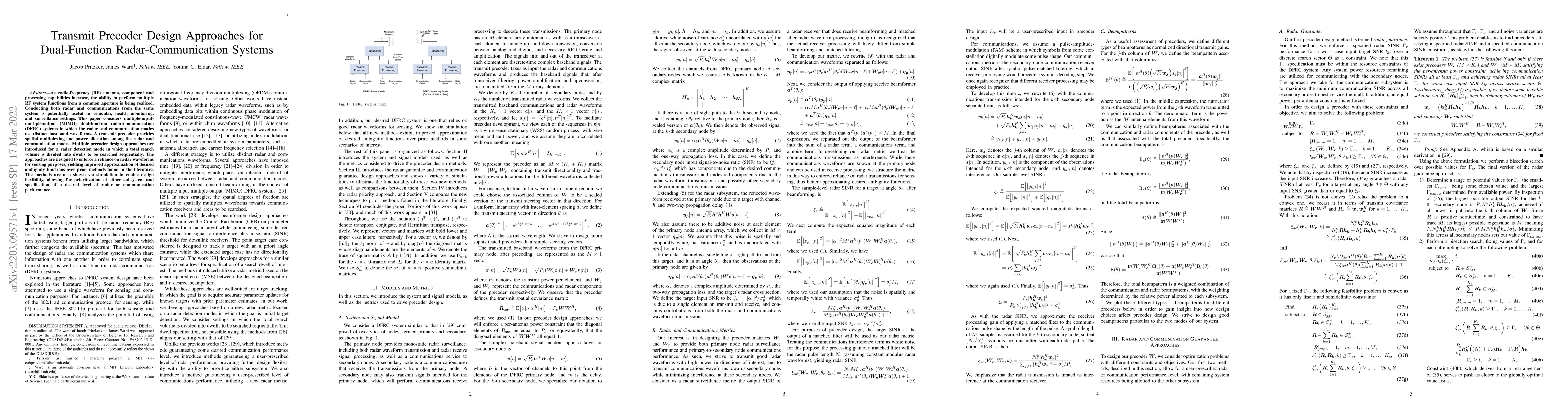 Thumbnail for Transmit Precoder Design Approaches for Dual-Function
  Radar-Communication Systems