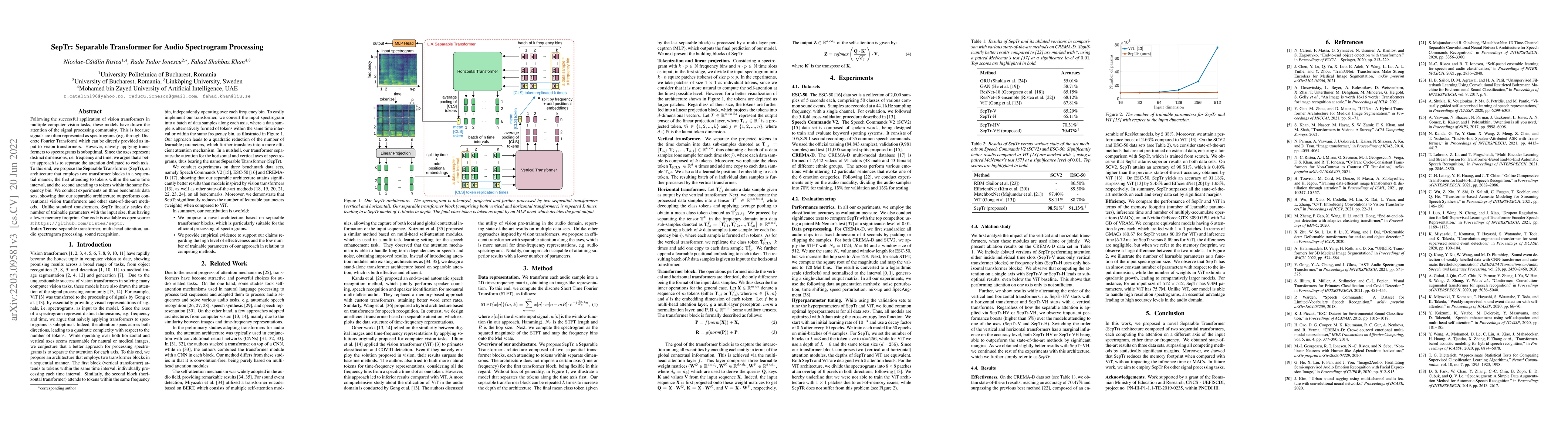 Thumbnail for SepTr: Separable Transformer for Audio Spectrogram Processing