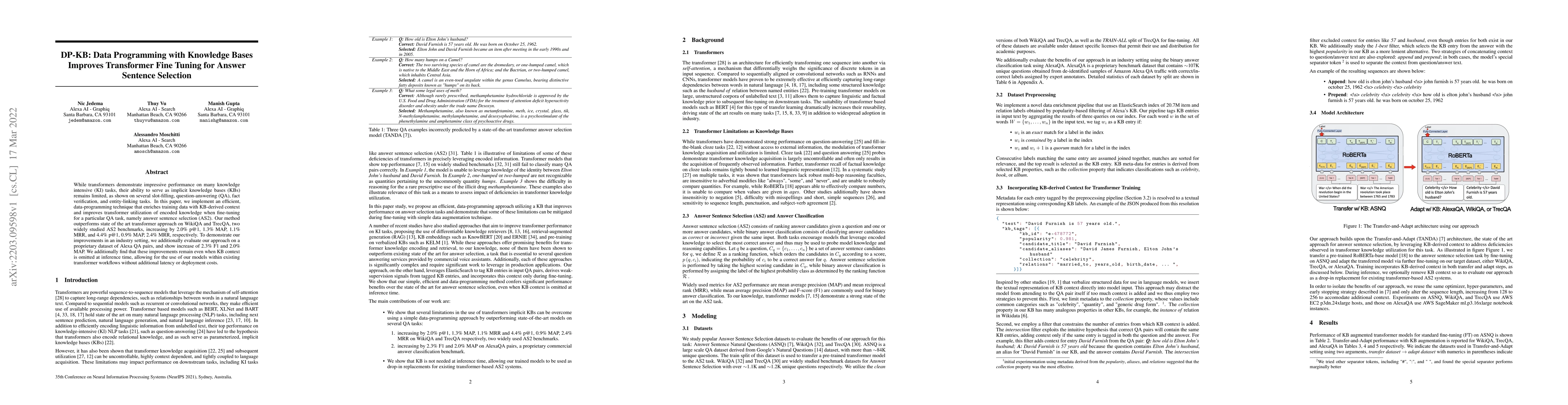Thumbnail for DP-KB: Data Programming with Knowledge Bases Improves Transformer Fine
  Tuning for Answer Sentence Selection