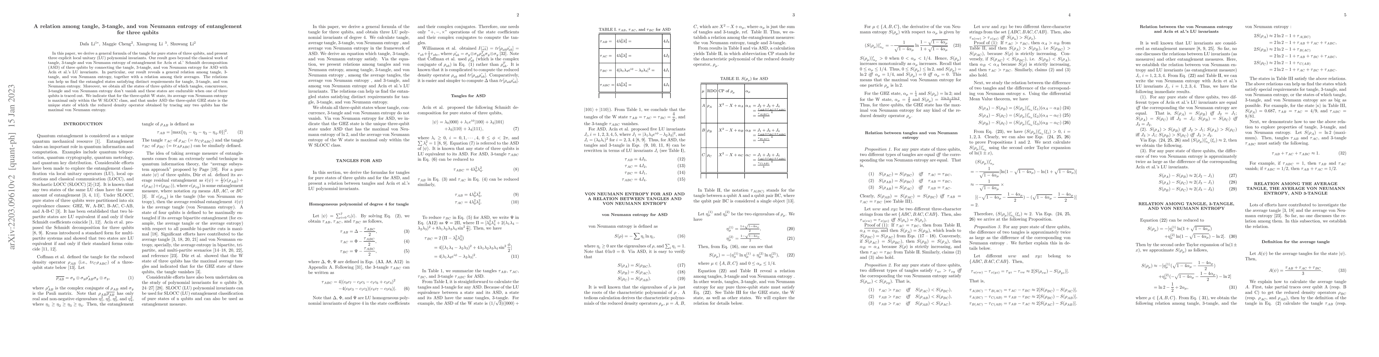 Thumbnail for A relation among tangle, 3-tangle, and von Neumann entropy of
  entanglement for three qubits
