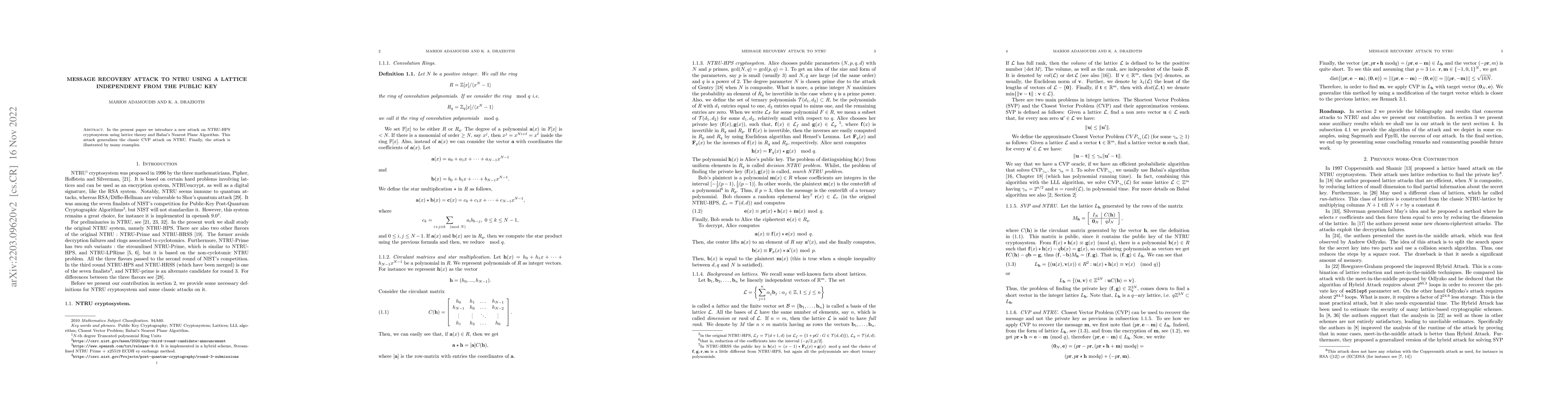 Thumbnail for Message recovery attack to NTRU using a lattice independent from the
  public key