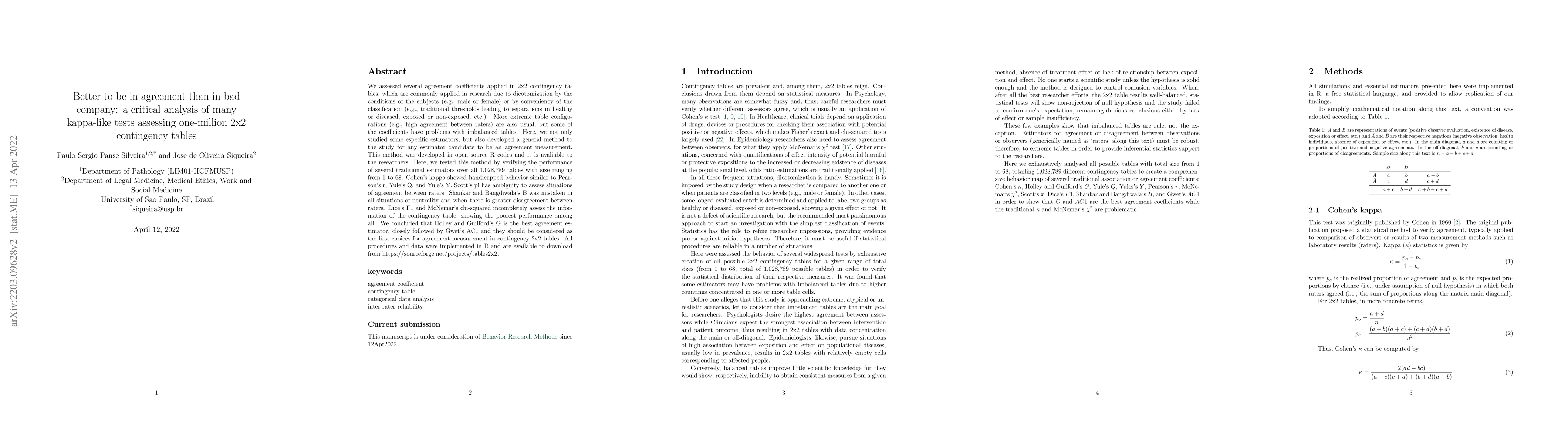 Thumbnail for Better to be in agreement than in bad company: a critical analysis of
  many kappa-like tests assessing one-million 2x2 contingency tables