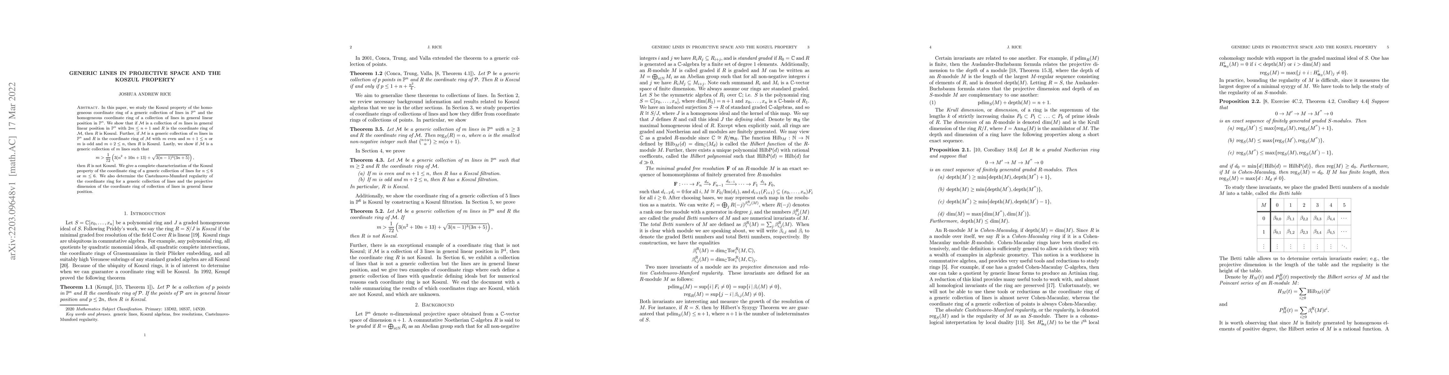Thumbnail for Generic Lines in Projective Space and the Koszul Property