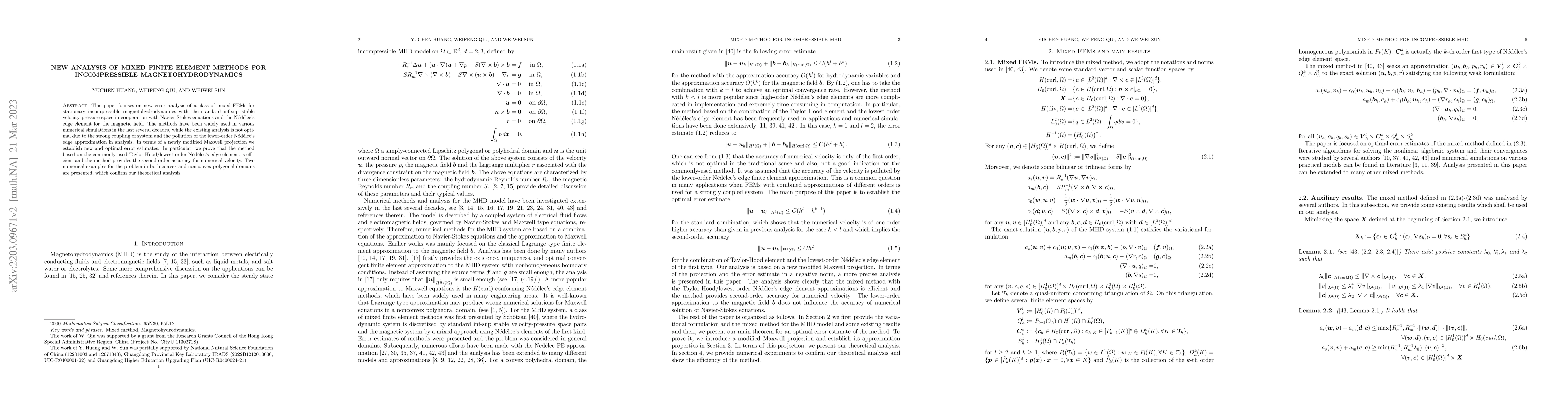 Thumbnail for New analysis of Mixed finite element methods for incompressible
  Magnetohydrodynamics