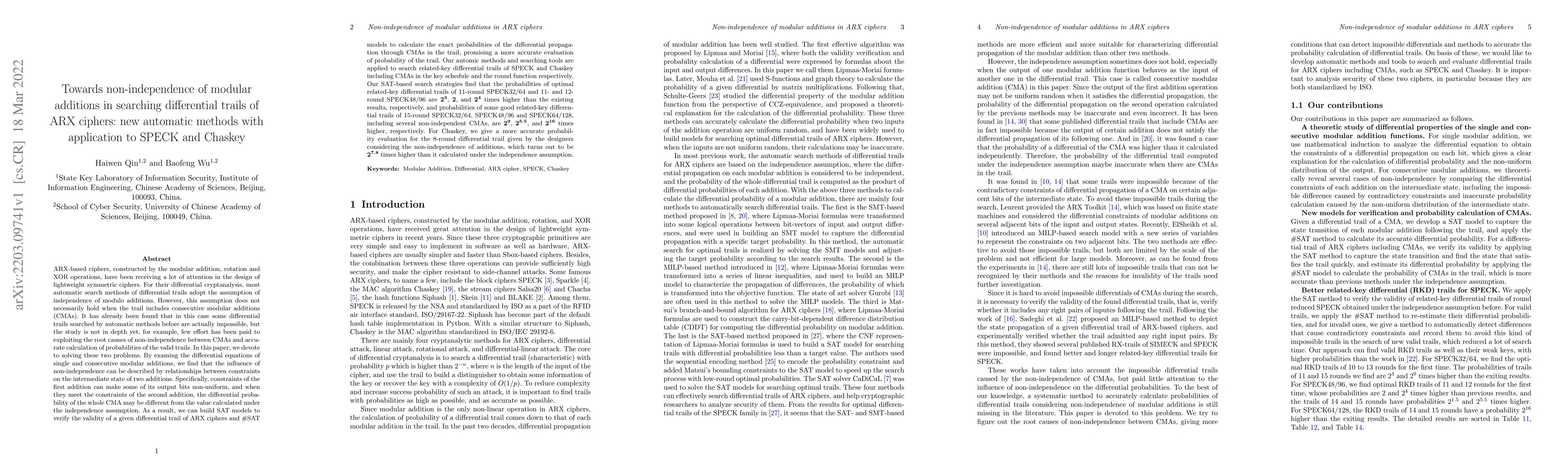 Thumbnail for Towards non-independence of modular additions in searching differential
  trails of ARX ciphers: new automatic methods with application to SPECK and
  Chaskey