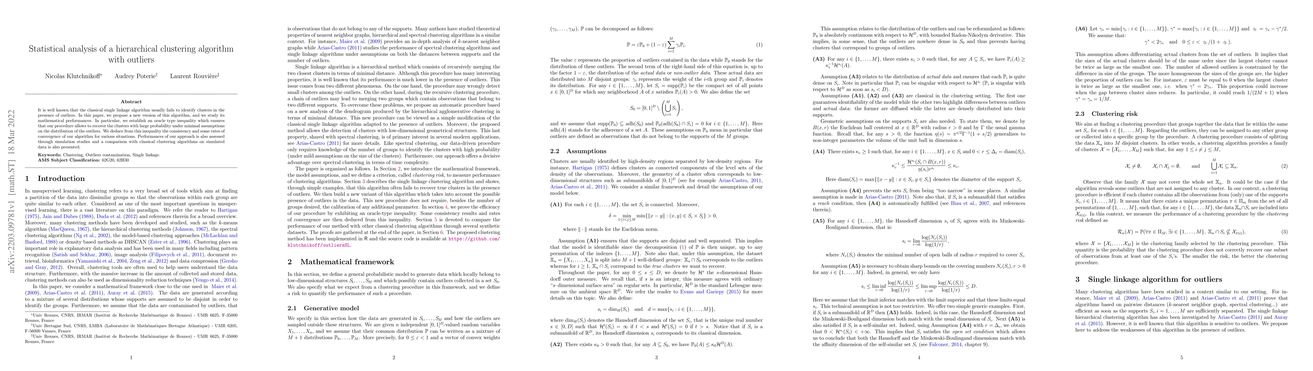 Thumbnail for Statistical analysis of a hierarchical clustering algorithm with
  outliers