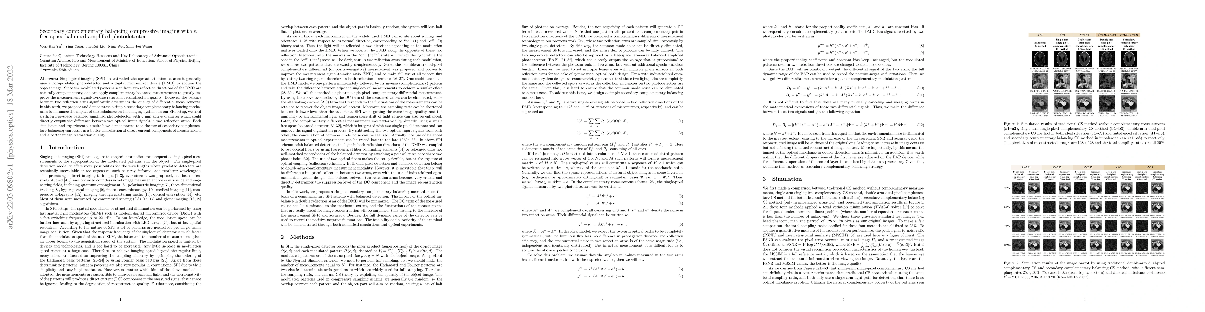 Thumbnail for Secondary complementary balancing compressive imaging with a free-space
  balanced amplified photodetector