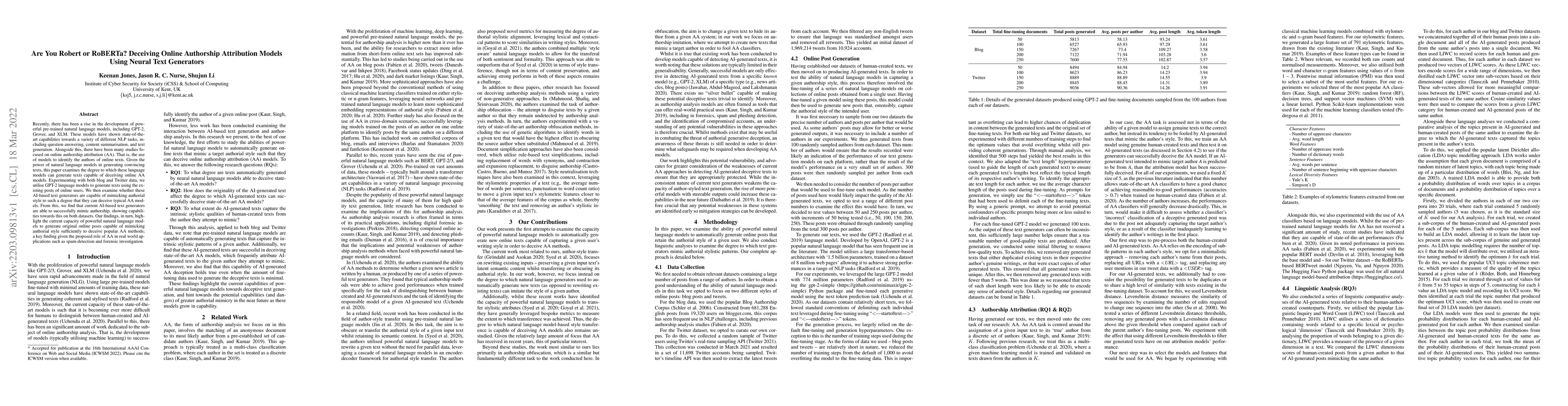 Thumbnail for Are You Robert or RoBERTa? Deceiving Online Authorship Attribution
  Models Using Neural Text Generators