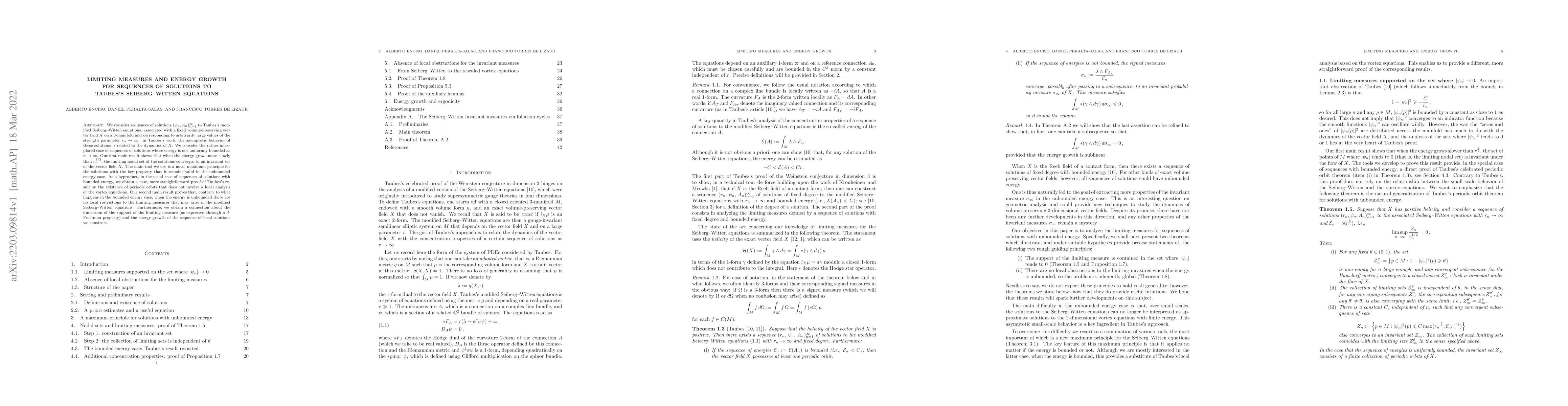 Thumbnail for Limiting measures and energy growth for sequences of solutions to
  Taubes's Seiberg-Witten equations