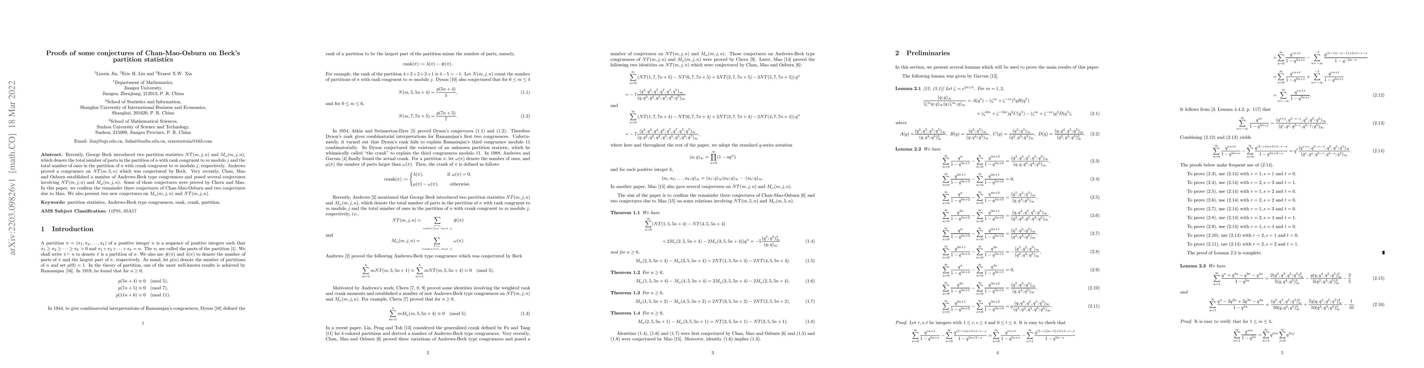 Thumbnail for Proofs of some conjectures of Chan-Mao-Osburn on Beck's partition
  statistics