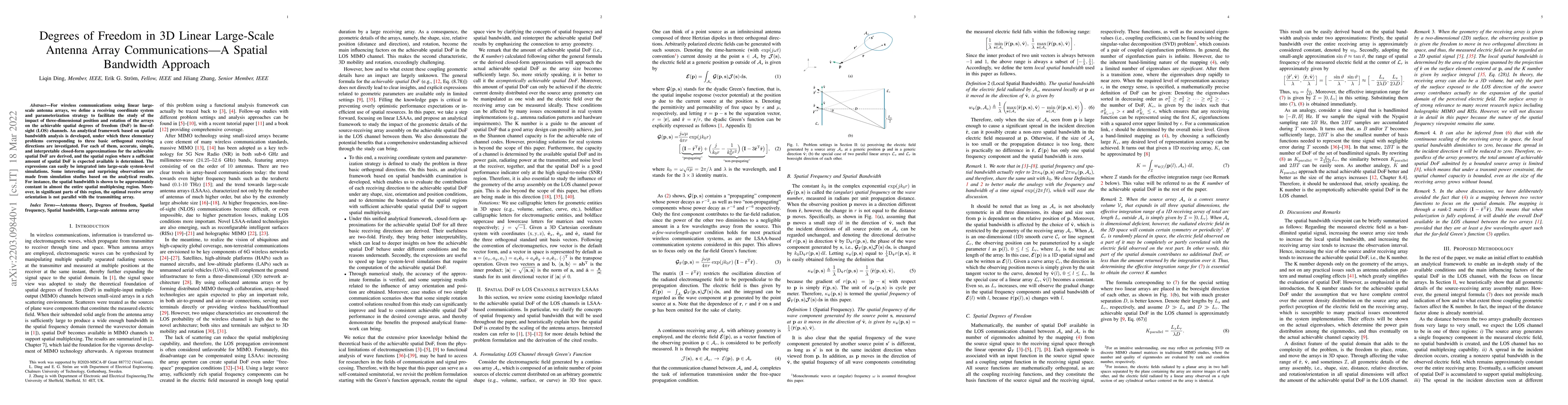 Thumbnail for Degrees of Freedom in 3D Linear Large-Scale Antenna Array
  Communications-A Spatial Bandwidth Approach