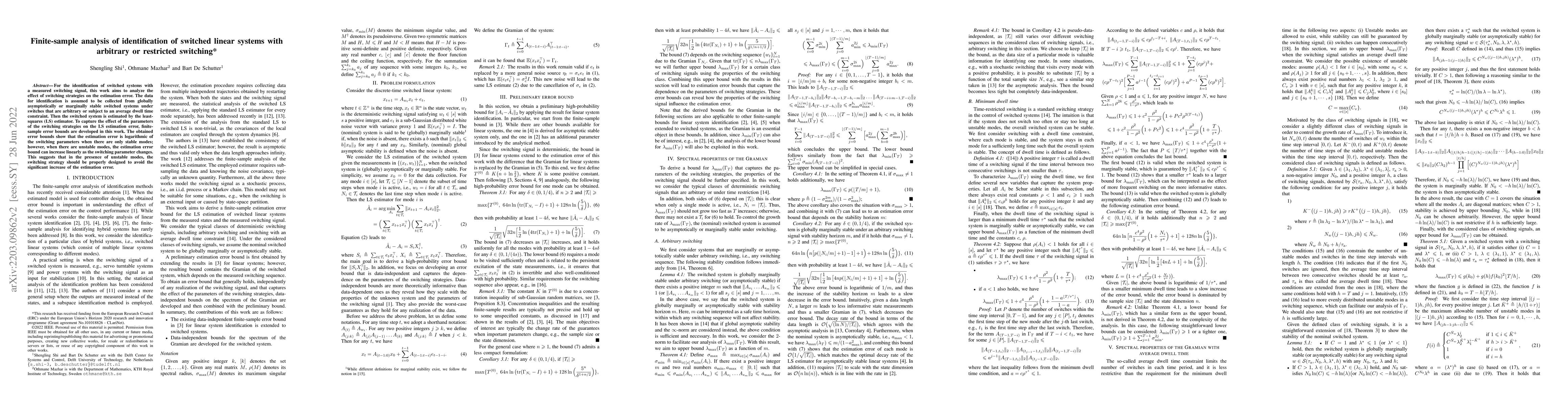 Thumbnail for Finite-sample analysis of identification of switched linear systems with
  arbitrary or restricted switching
