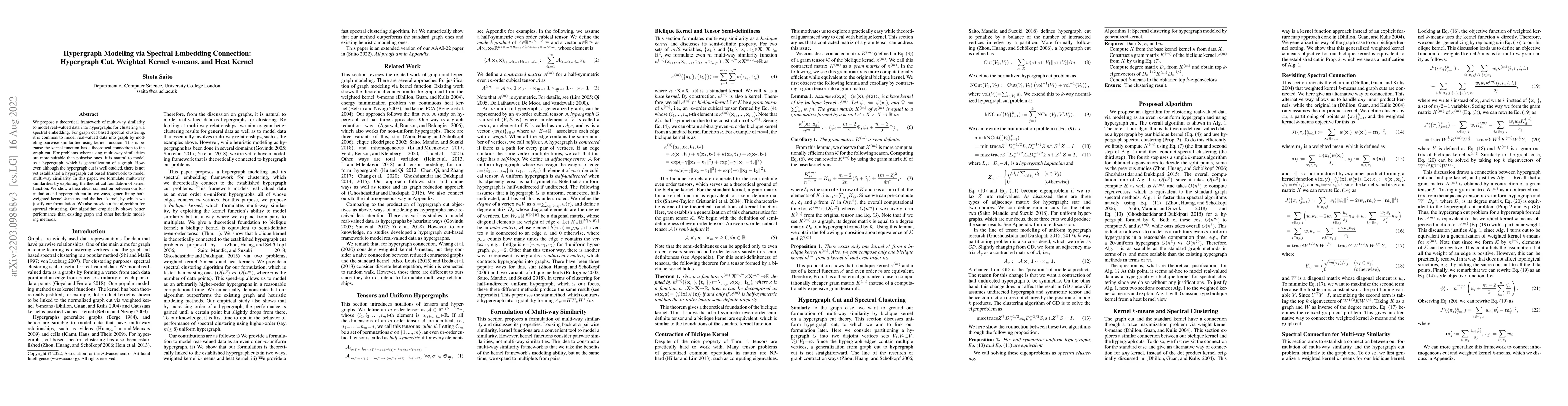 Thumbnail for Hypergraph Modeling via Spectral Embedding Connection: Hypergraph Cut,
  Weighted Kernel $k$-means, and Heat Kernel