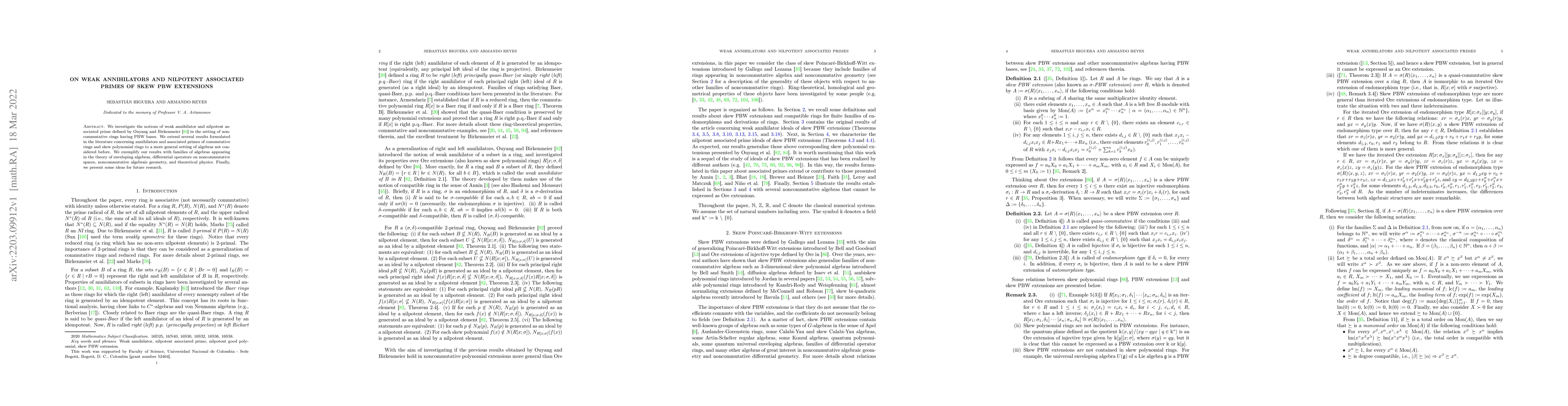 Thumbnail for On Weak Annihilators and Nilpotent Associated Primes of Skew PBW
  Extensions