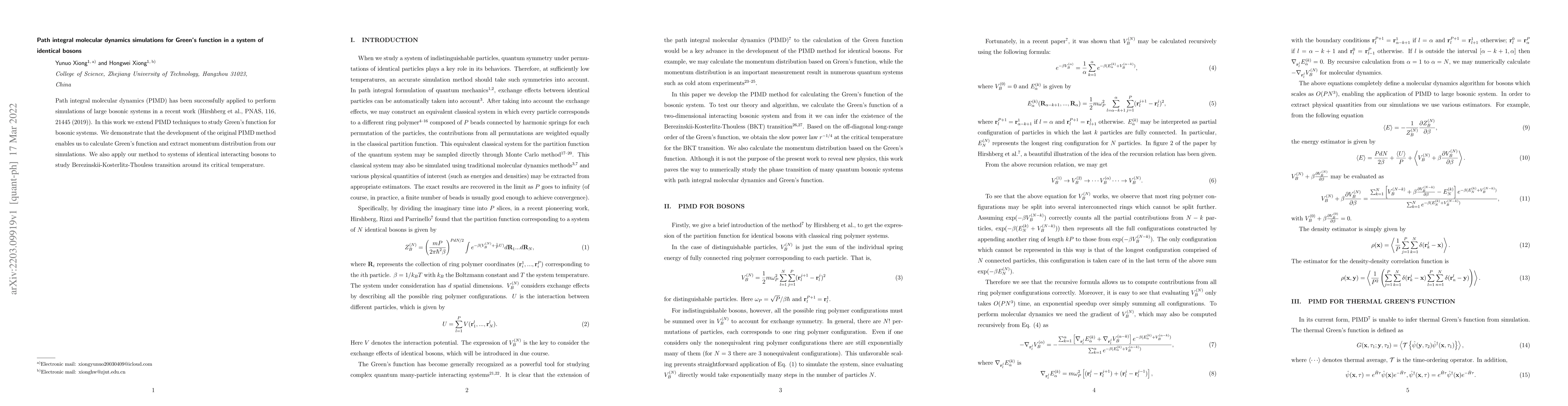 Thumbnail for Path integral molecular dynamics simulations for Green's function in a
  system of identical bosons