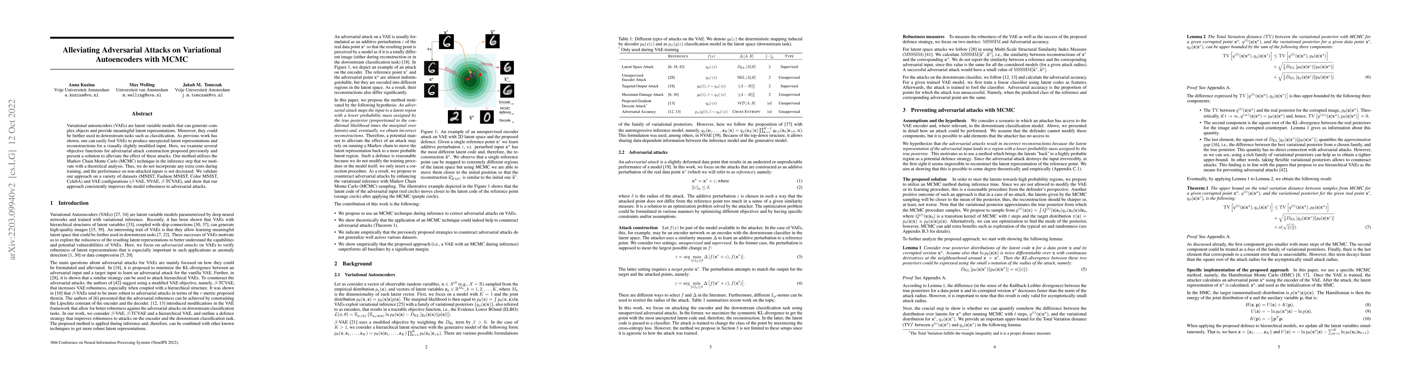 Thumbnail for Alleviating Adversarial Attacks on Variational Autoencoders with MCMC