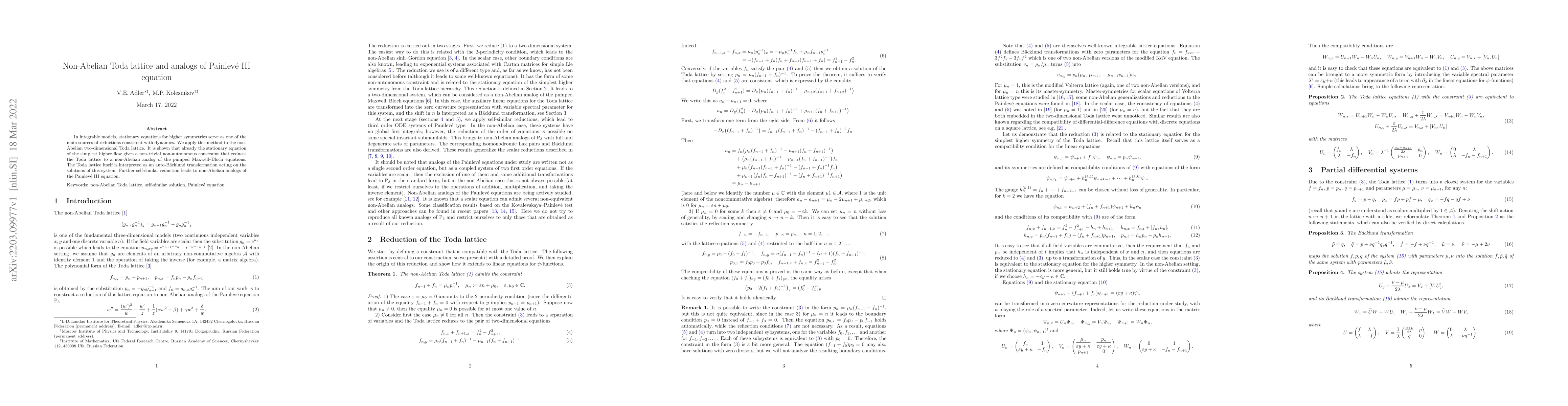 Thumbnail for Non-Abelian Toda lattice and analogs of Painlev\'e III equation