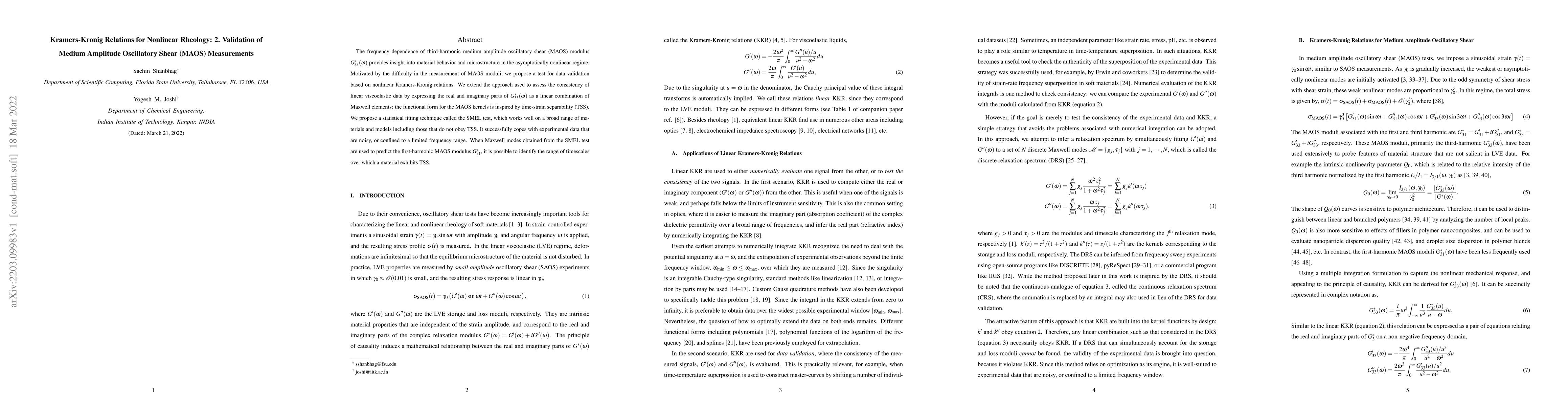 Thumbnail for Kramers-Kronig Relations for Nonlinear Rheology: 2. Validation of Medium
  Amplitude Oscillatory Shear (MAOS) Measurements
