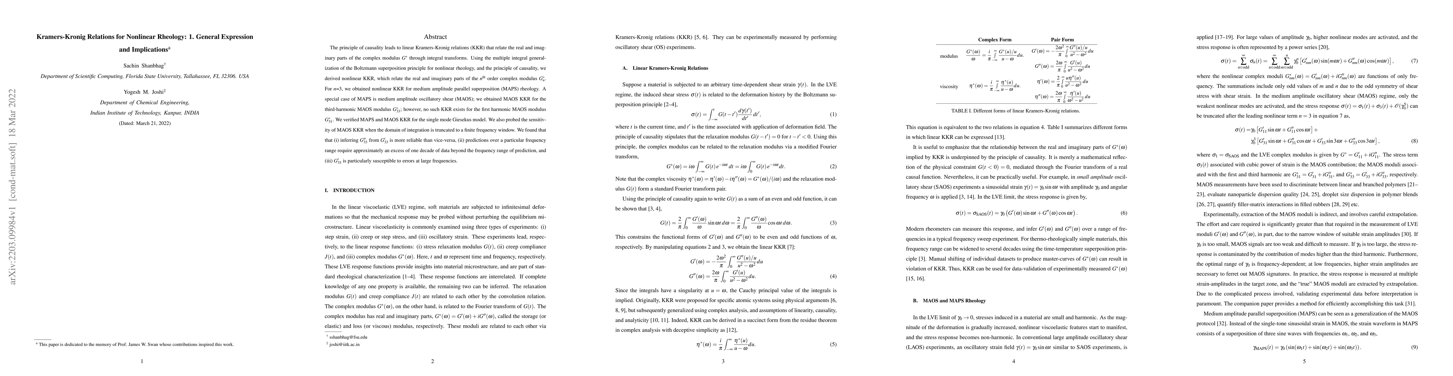 Thumbnail for Kramers-Kronig Relations for Nonlinear Rheology: 1. General Expression
  and Implications