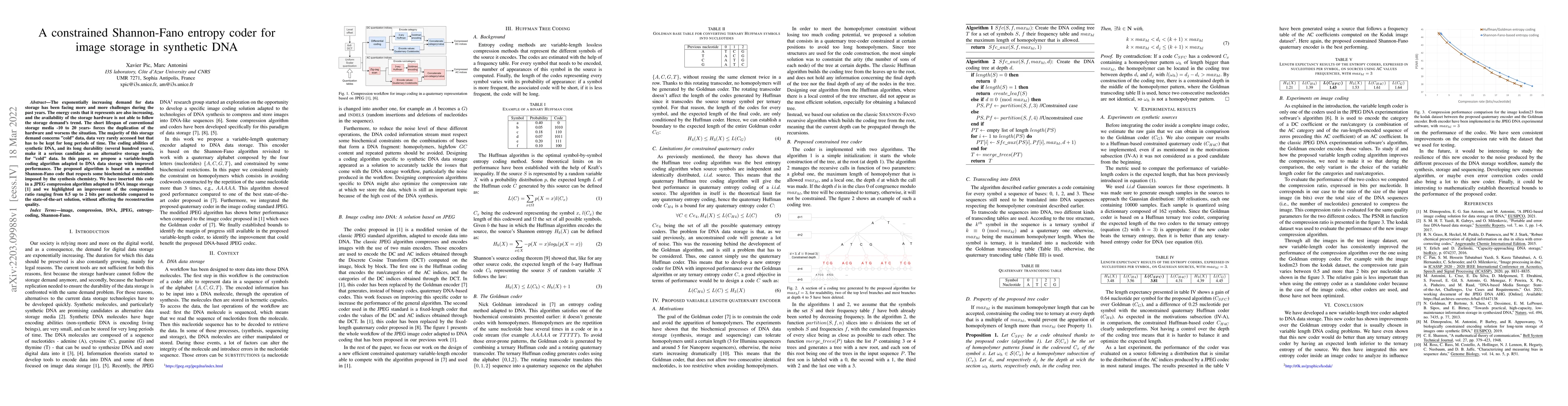 Thumbnail for A constrained Shannon-Fano entropy coder for image storage in synthetic
  DNA