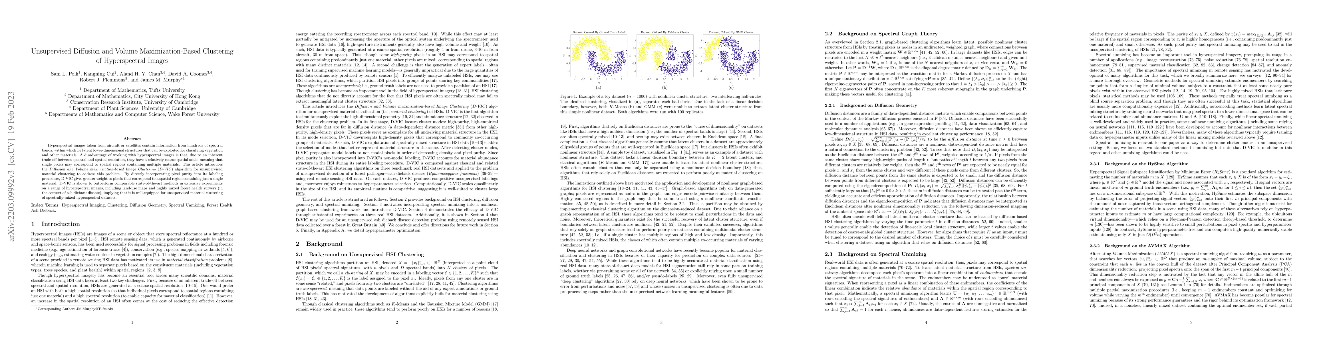 Thumbnail for Unsupervised Diffusion and Volume Maximization-Based Clustering of
  Hyperspectral Images
