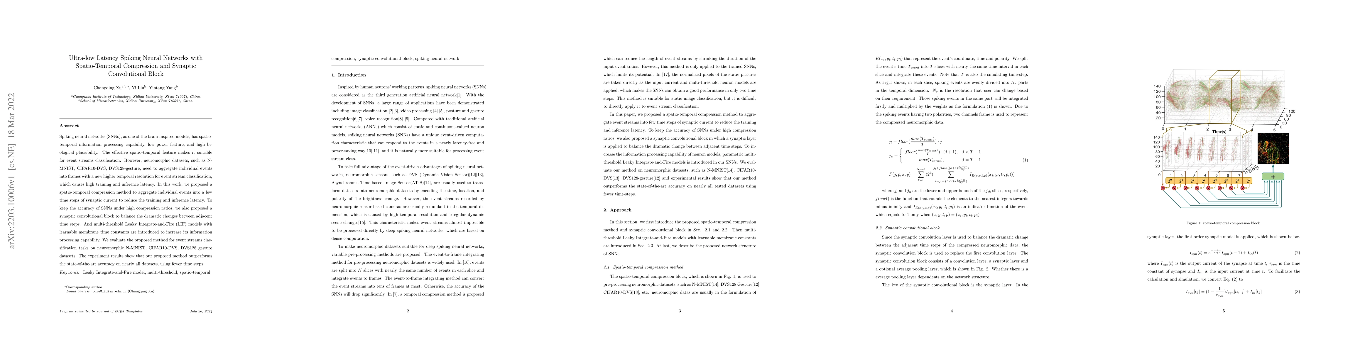 Thumbnail for Ultra-low Latency Spiking Neural Networks with Spatio-Temporal
  Compression and Synaptic Convolutional Block