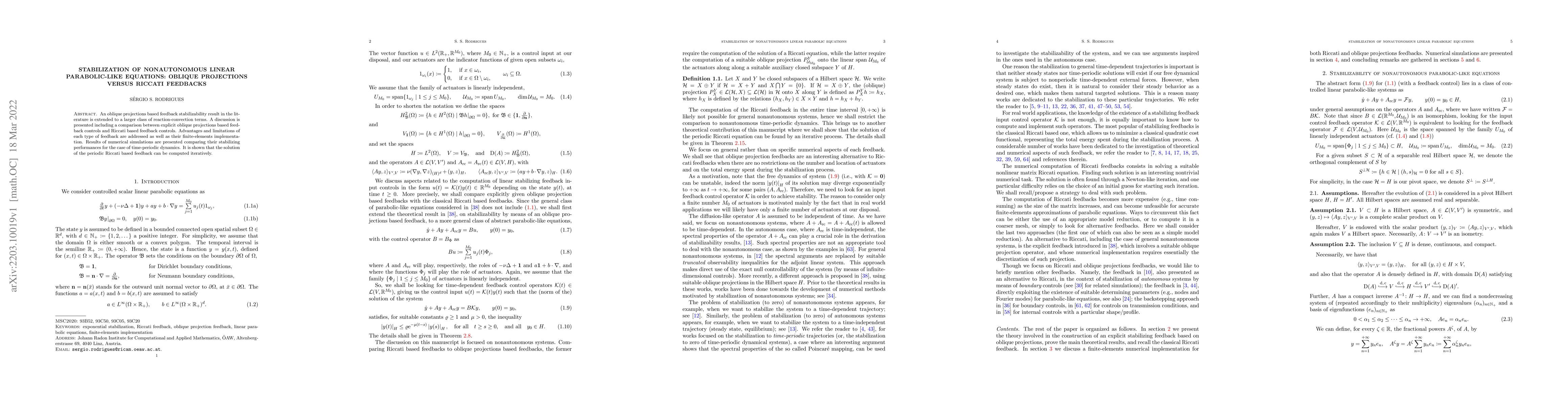 Thumbnail for Stabilization of nonautonomous linear parabolic-like equations: oblique
  projections versus Riccati feedbacks