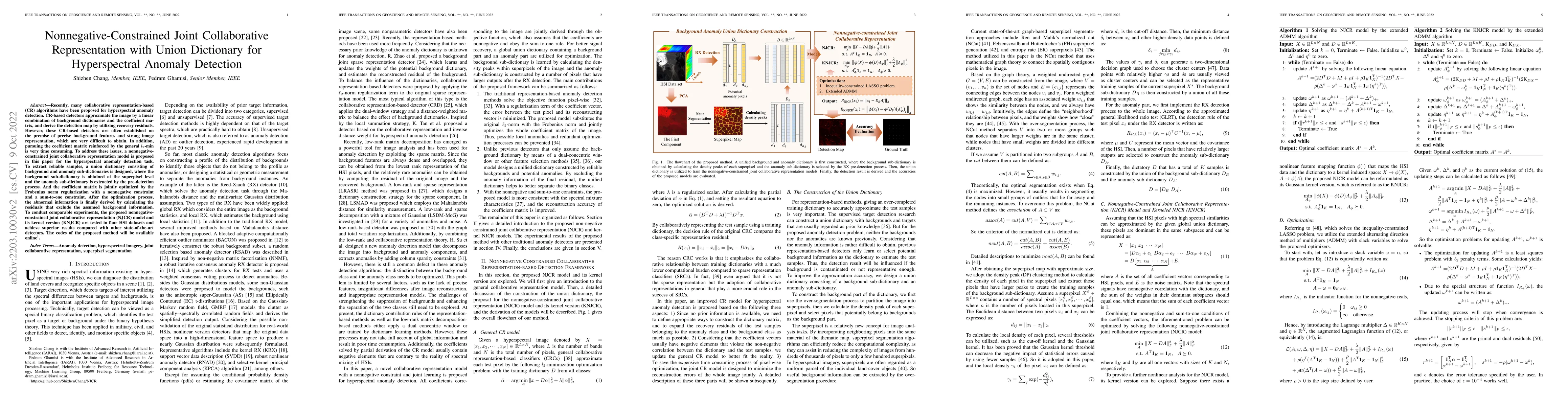 Thumbnail for Nonnegative-Constrained Joint Collaborative Representation with Union
  Dictionary for Hyperspectral Anomaly Detection