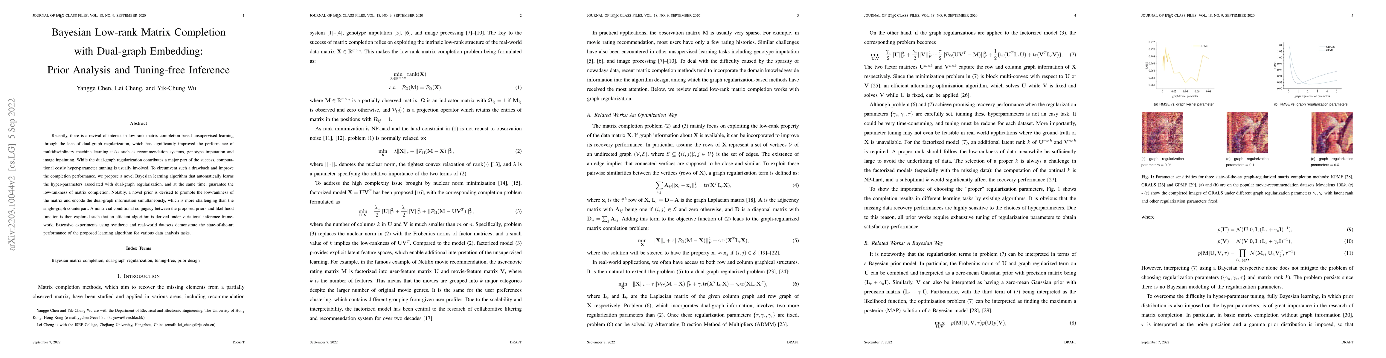 Thumbnail for Bayesian Low-rank Matrix Completion with Dual-graph Embedding: Prior
  Analysis and Tuning-free Inference