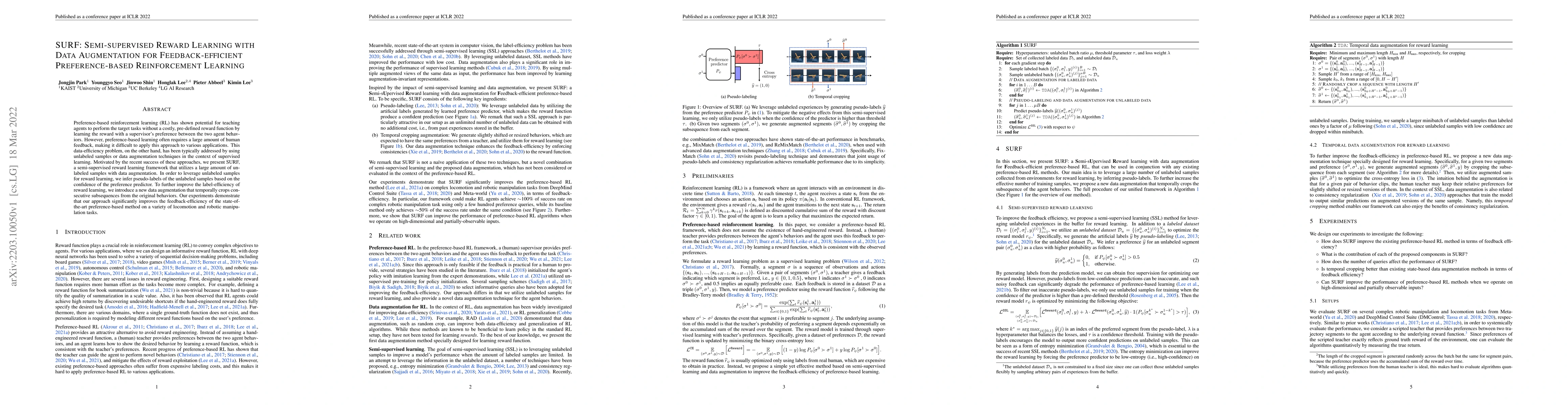 Thumbnail for SURF: Semi-supervised Reward Learning with Data Augmentation for
  Feedback-efficient Preference-based Reinforcement Learning