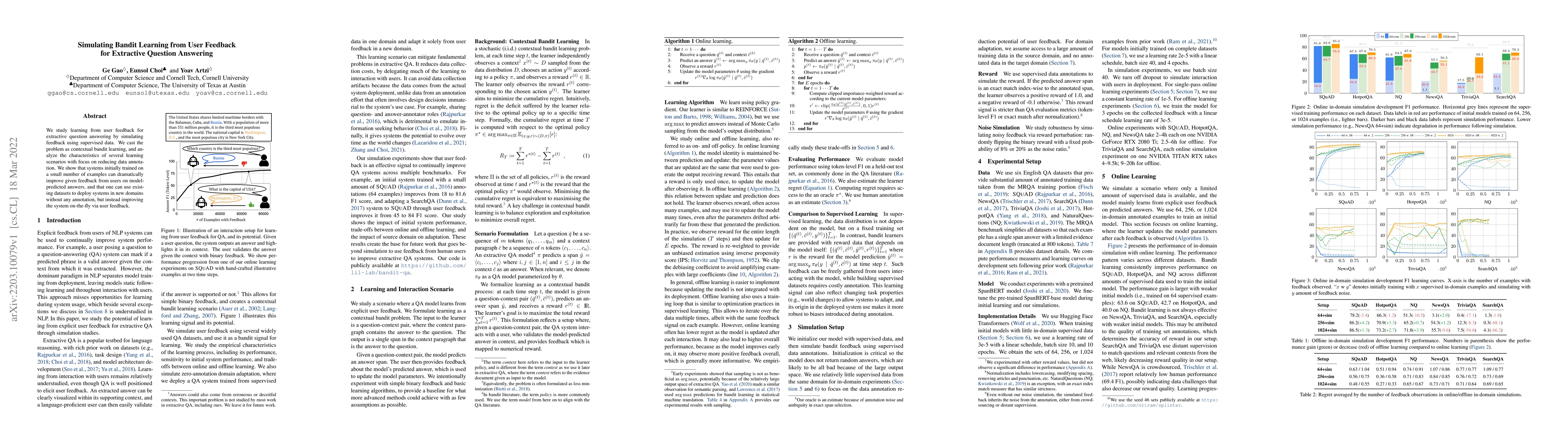 Thumbnail for Simulating Bandit Learning from User Feedback for Extractive Question
  Answering