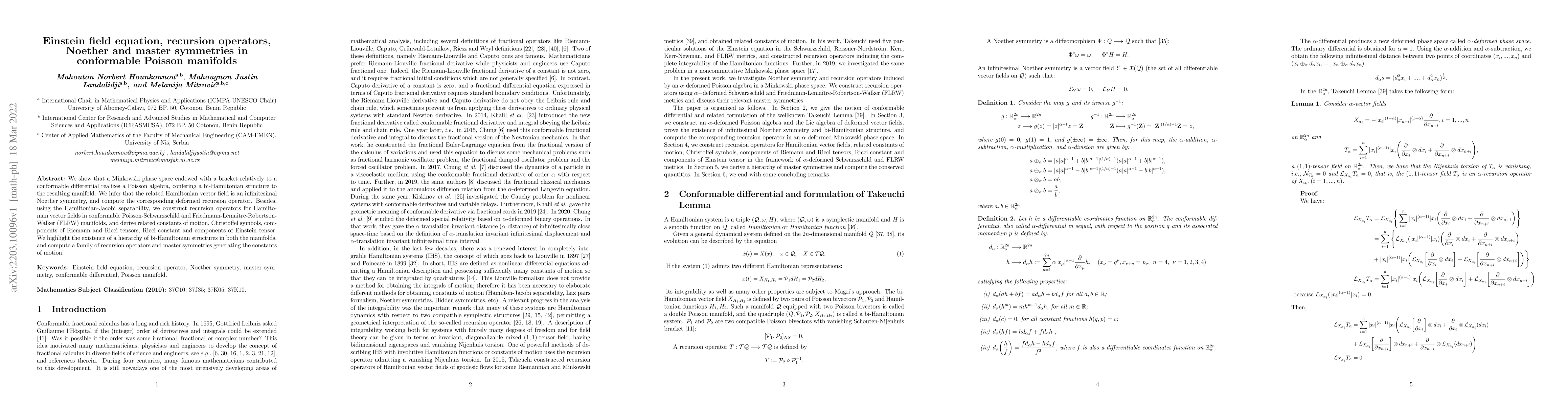Thumbnail for Einstein field equation, recursion operators, Noether and master
  symmetries in conformable Poisson manifolds