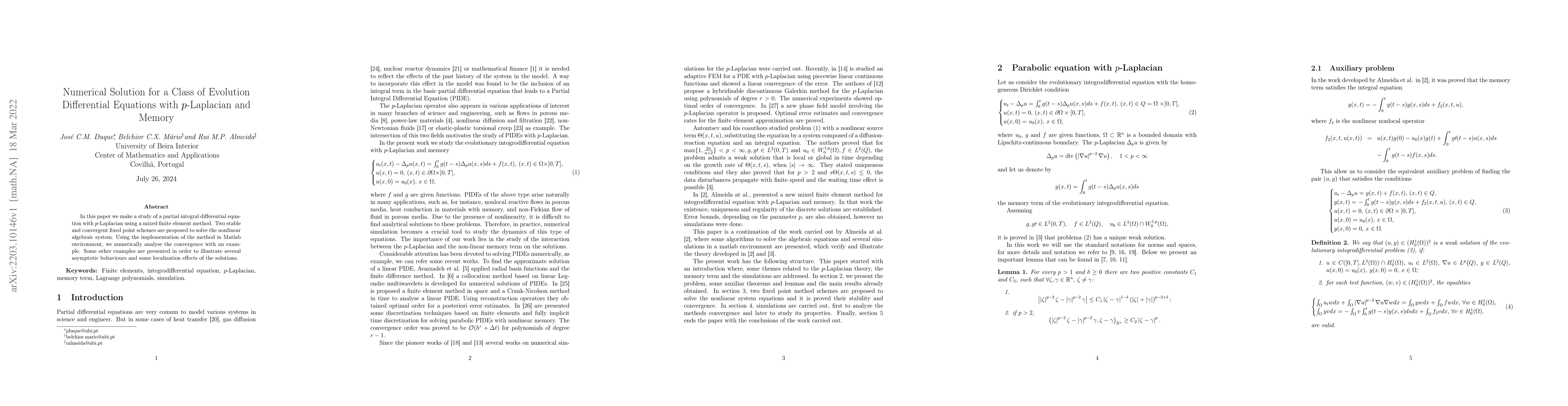 Thumbnail for Numerical Solution for a Class of Evolution Differential Equations with
  $p$-Laplacian and Memory