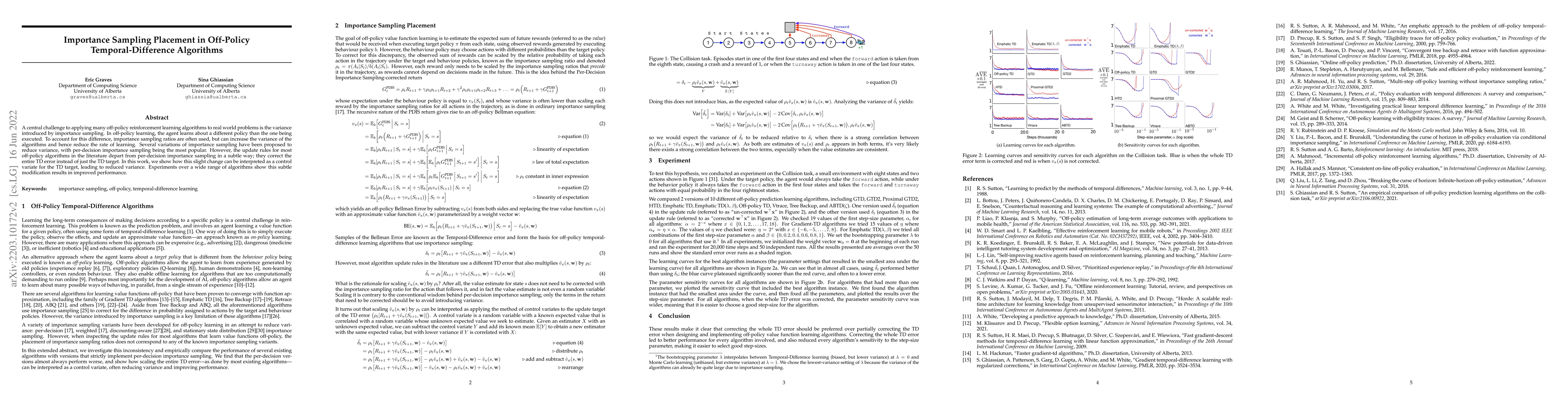 Thumbnail for Importance Sampling Placement in Off-Policy Temporal-Difference Methods