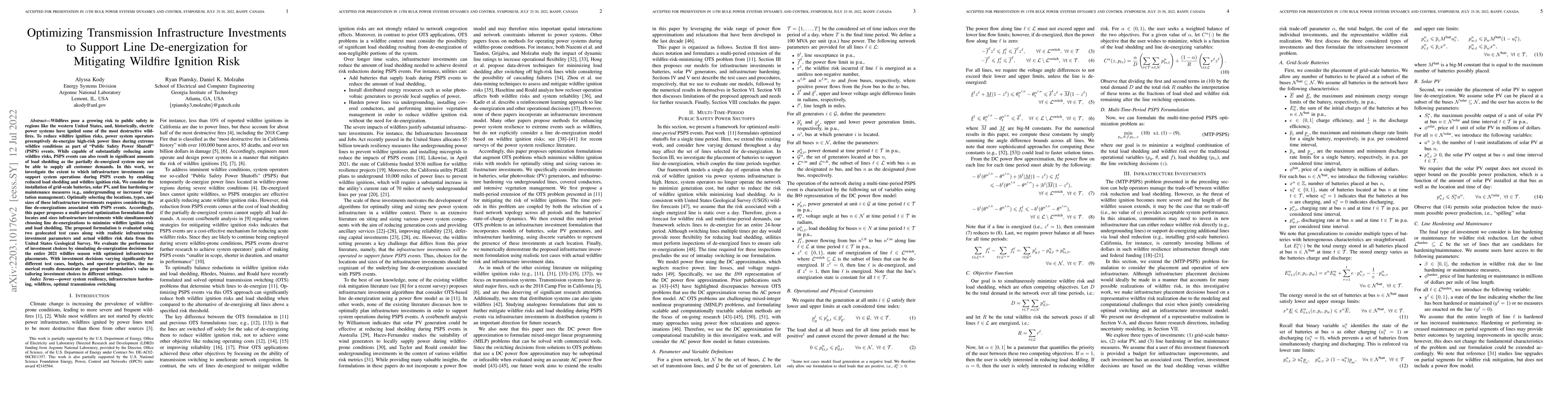 Thumbnail for Optimizing Transmission Infrastructure Investments to Support Line
  De-energization for Mitigating Wildfire Ignition Risk