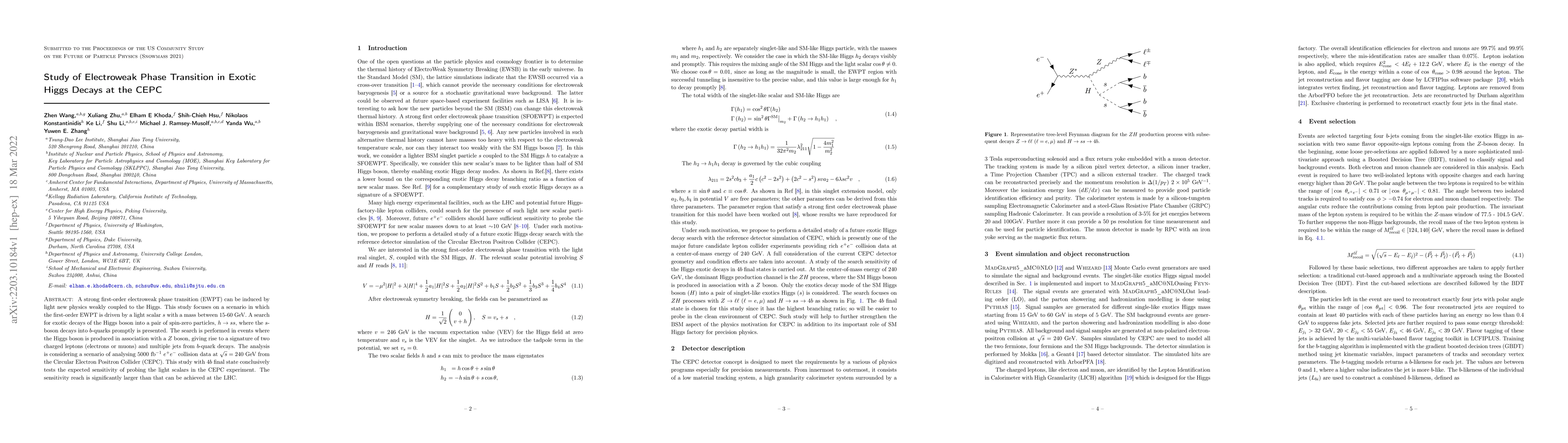 Thumbnail for Study of Electroweak Phase Transition in Exotic Higgs Decays at the CEPC