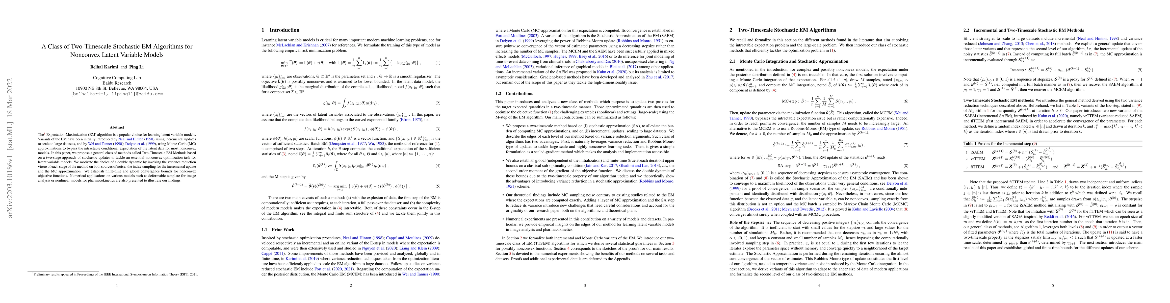 Thumbnail for A Class of Two-Timescale Stochastic EM Algorithms for Nonconvex Latent
  Variable Models