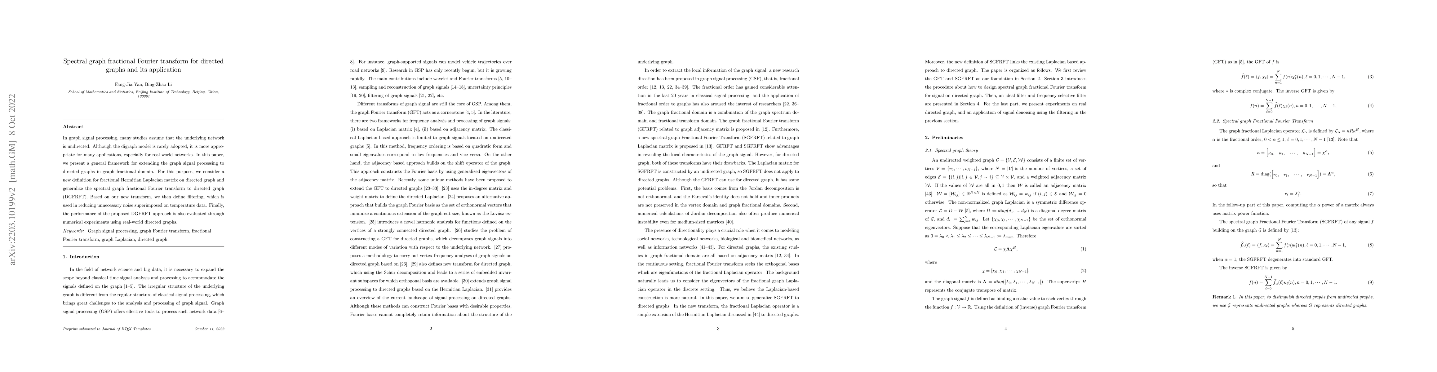 Thumbnail for Spectral graph fractional Fourier transform for directed graphs and its
  application