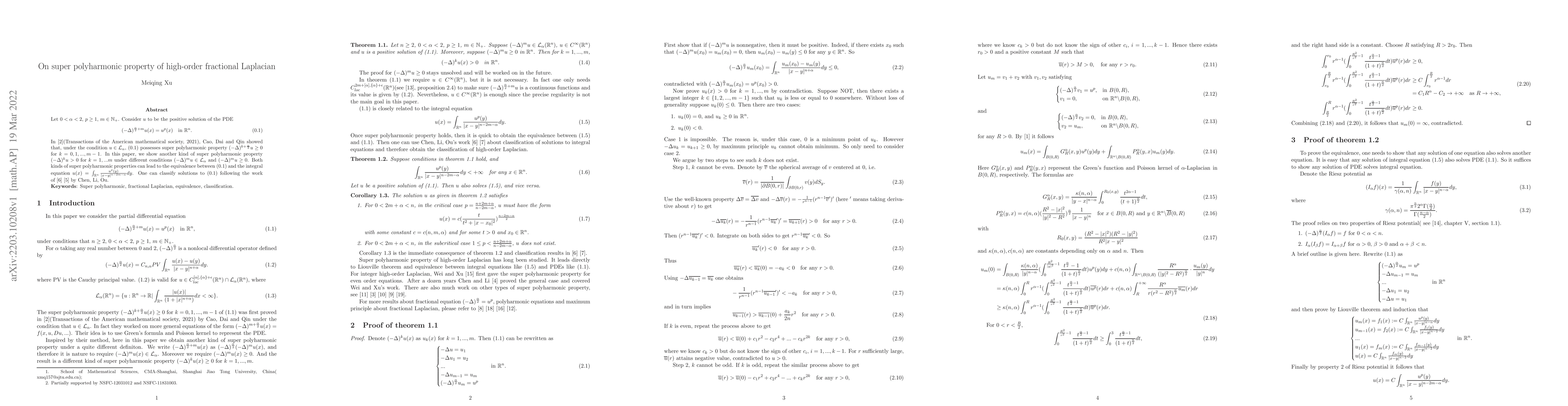 Thumbnail for On super polyharmonic property of high-order fractional Laplacian