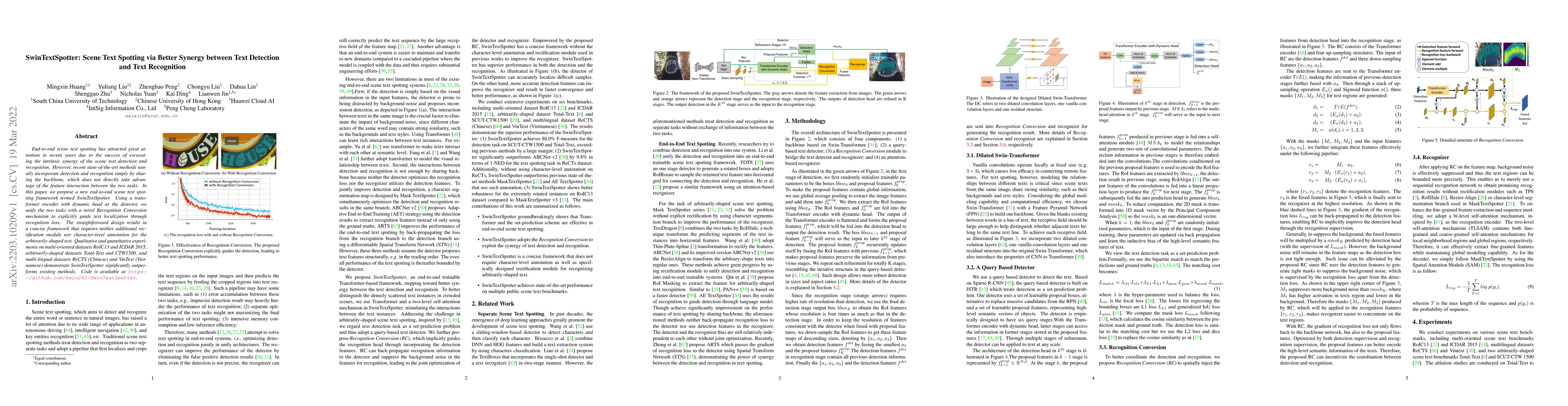 Thumbnail for SwinTextSpotter: Scene Text Spotting via Better Synergy between Text
  Detection and Text Recognition