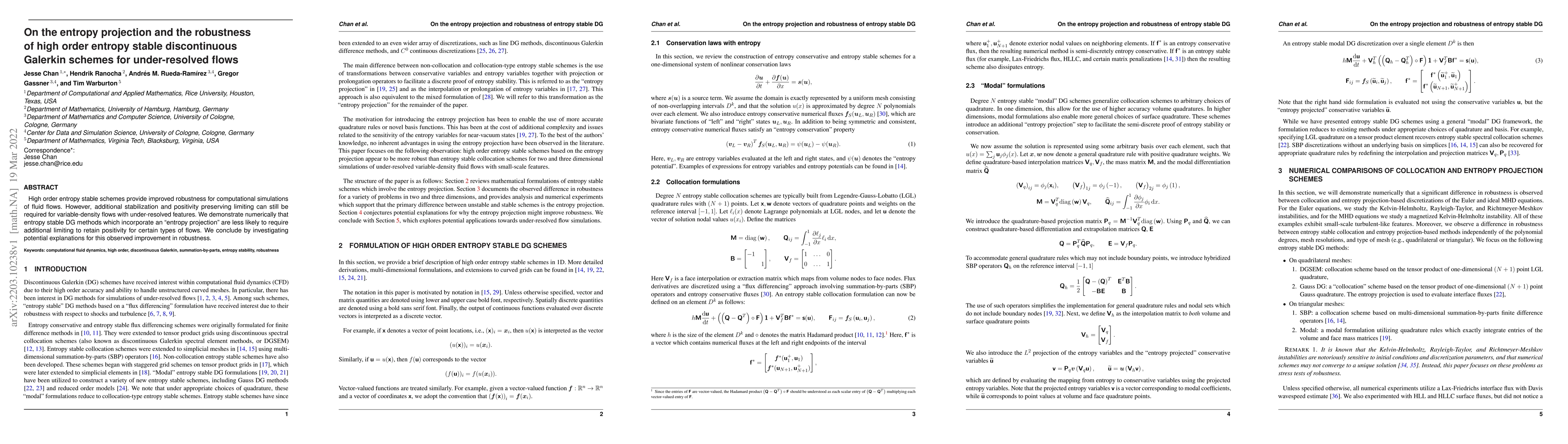 Thumbnail for On the entropy projection and the robustness of high order entropy
  stable discontinuous Galerkin schemes for under-resolved flows