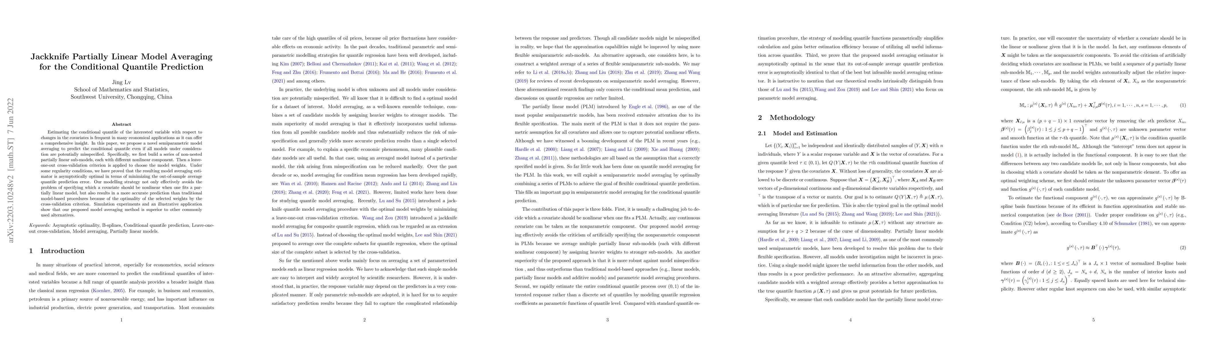 Thumbnail for Jackknife Partially Linear Model Averaging for the Conditional Quantile
  Prediction