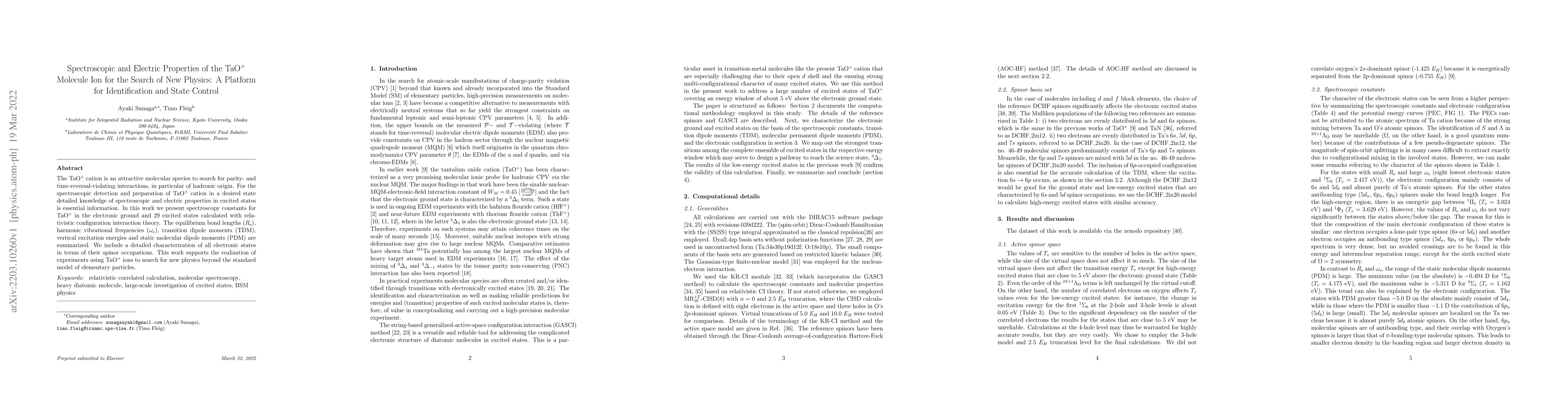 Thumbnail for Spectroscopic and Electric Properties of the TaO$^+$ Molecule Ion for
  the Search of New Physics: A Platform for Identification and State Control
