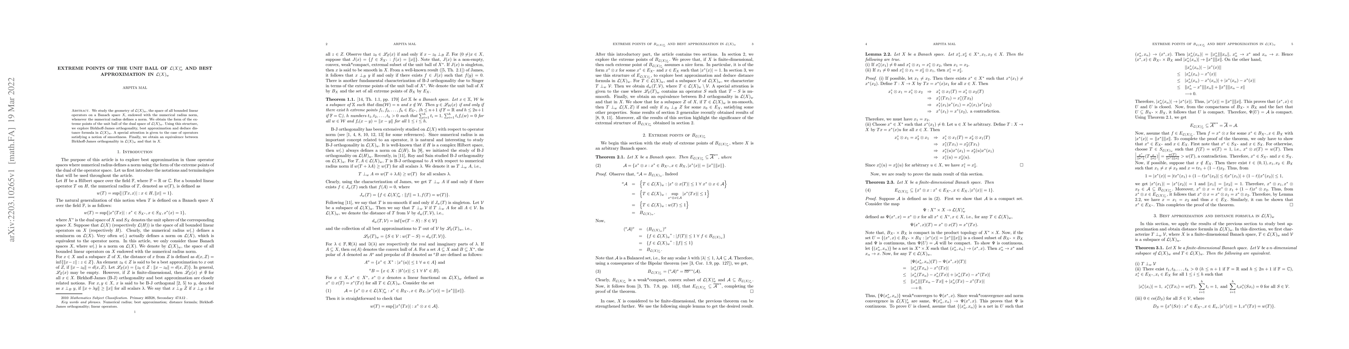 Thumbnail for Extreme points of the unit ball of $\mathcal{L}(X)_w^*$ and best
  approximation in $\mathcal{L}(X)_w$