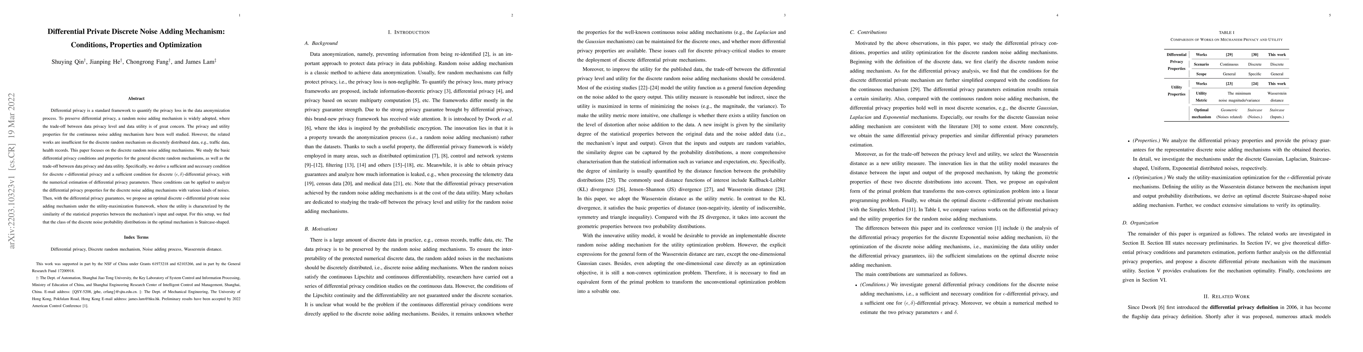 Thumbnail for Differential Private Discrete Noise Adding Mechanism: Conditions,
  Properties and Optimization