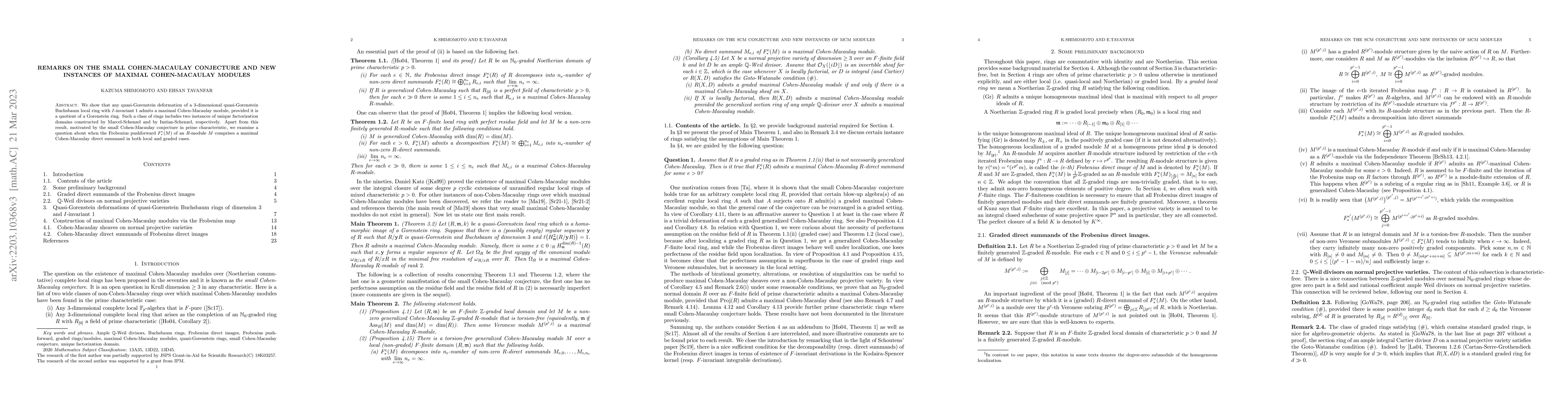 Thumbnail for Remarks on the Small Cohen-Macaulay conjecture and new instances of
  maximal Cohen-Macaulay modules